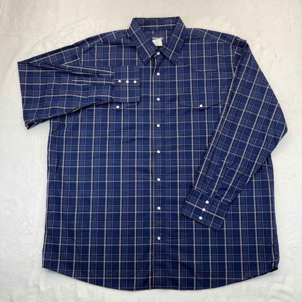 Wrangler Mens 3XLT Navy Blue Plaid Western Snap Long Sleeve Shirt MWR153M